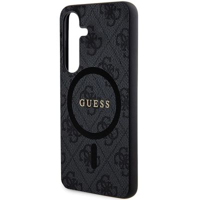 5. Guess 4G Collection Leder Metall Logo MagSafe Hülle für Samsung Galaxy S24 – Schwarz