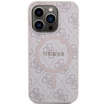 3. Guess 4G Collection MagSafe-Hülle aus Leder und Metalllogo für iPhone 14 Pro Max – Rosa