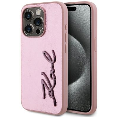 Karl Lagerfeld Wrinkled Metal Signature iPhone 15 Pro Max Hülle - Rosa