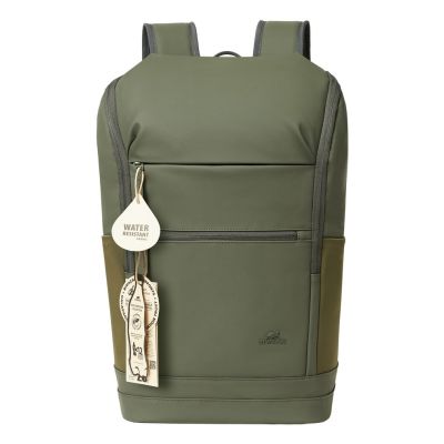 22. Rivacase Eden Rucksack Reiserucksack Olivgrünes gewachstes Leder (Pull-Up), Polyester, recyceltes Polyethylenterephthalat (rPET)