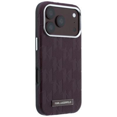 4. Karl Lagerfeld MagSafe Hülle mit Logo aus genarbtem Monoharz für iPhone 17 Pro Max / 18 Pro Max – Burgunderrot