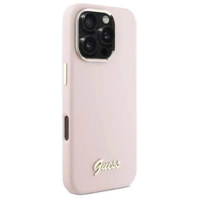 4. Guess Silikon Script Metal Logo & Frame Hülle für iPhone 16 Pro – Rosa