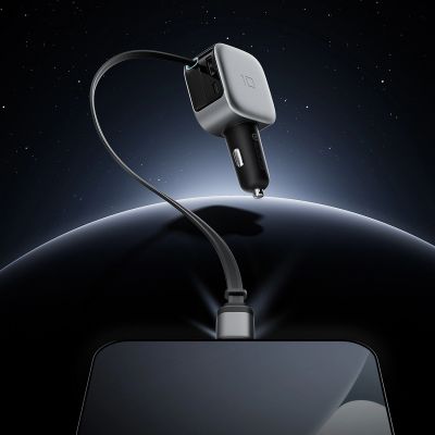 24. Cuktech CC903P 100W Kfz-Ladegerät mit Display und 70 cm langem, einziehbarem USB-C-Kabel – Grau