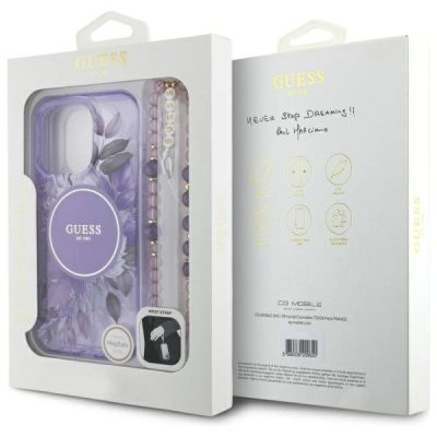 7. Guess IML Flowers MagSafe Hülle mit Perlenriemen für iPhone 16 Pro Max – Lila