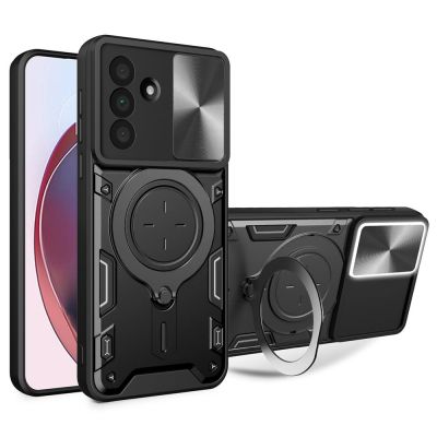 Samsung Galaxy A17 4G / A17 5G / A18 / A26 Hülle mit Ständer und verschiebbarer Objektivabdeckung – Schwarz