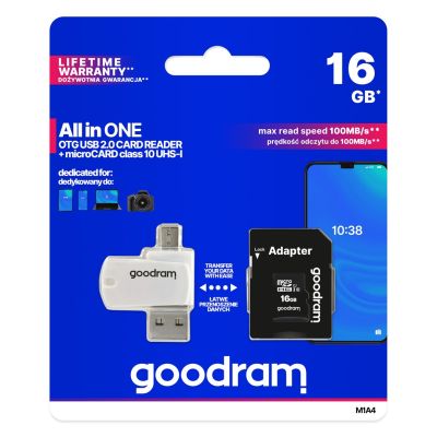 10. GoodRam All-in-One M1A4-0160R12 Speicherkarte mit Adapter und Kartenleser (16 GB; Klasse 10; Adapter, MicroSDHC-Kartenleser, Speicherkarte)