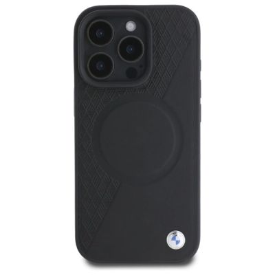 3. BMW Sign Leather Half Textured And Circle MagSafe-Hülle für iPhone 16 Pro Max – Schwarz