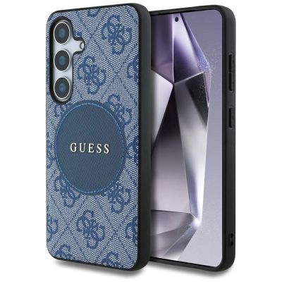 Guess 4G Round Patch Classic Logo MagSafe Hülle für Samsung Galaxy S25 Plus blau