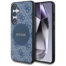 Guess 4G Round Patch Classic Logo MagSafe Hülle für Samsung Galaxy S25 Plus blau