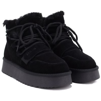 6. Damen-Ankle-Boots aus Leder mit Plateausohle, Wildleder, schwarz, Big Star UU274314