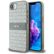 DKNY iPhone 16e Hülle mit wiederholtem Texturmuster und farblich abgestimmten Streifen – Beige