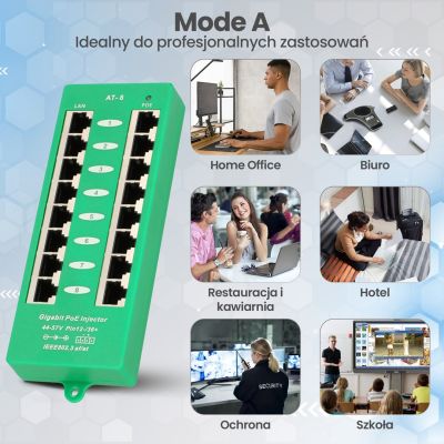 18. Extralink Gigabit PoE Injector 8 Port Active, 8 Gigabit 802.3at/af Ports, Modus A