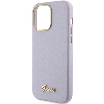 6. Guess Glitter Glossy Script Hülle für iPhone 15 Pro – Flieder