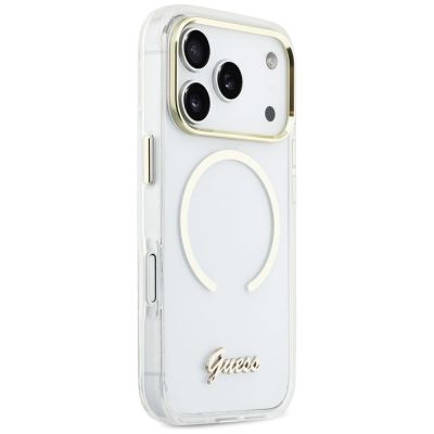 4. Guess IML Script Metal MagSafe Hülle für iPhone 17 Pro Max – Transparent