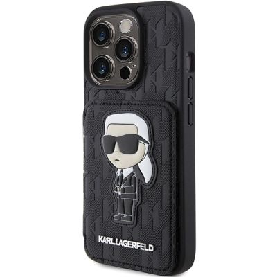 2. Karl Lagerfeld Saffiano Cardslots and Stand Monogram Ikonik Patch Hülle für iPhone 15 Pro – Schwarz