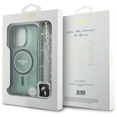 7. Guess IML Glitter MagSafe Hülle mit Perlenriemen für iPhone 16 Pro Max – grün