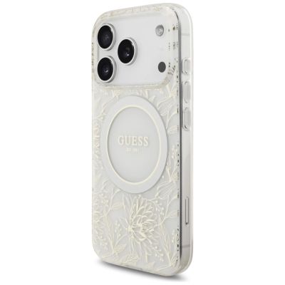 3. Guess IML Flowers Electro Pearl Strap MagSafe Hülle für iPhone 17 Pro - Weiß