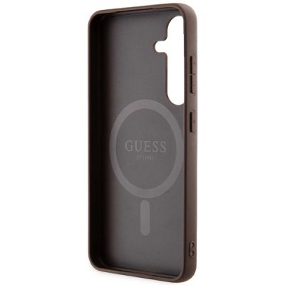 7. Guess 4G Collection Leder Metall Logo MagSafe Hülle für Samsung Galaxy S24 – Braun