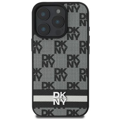 3. DKNY Schutzhülle mit Karomuster und bedruckten Streifen für iPhone 16 Pro, Schwarz