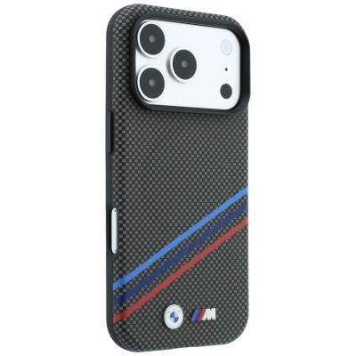 4. BMW M Quadrille Kevlar-Print, dreifarbige Linien & Metalllogo, MagSafe-Hülle für iPhone 18 Pro / 17 Pro – Dunkelgrau