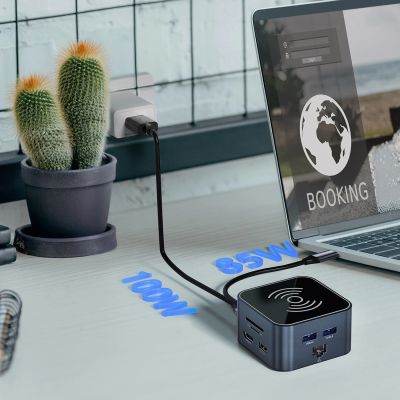 7. Hub USB-C 12 in 1 Wozinsky WHBC09Y8S multifunktional, mit kabelloser Ladefunktion, Aluminium, mit 15 cm Kabel - grau