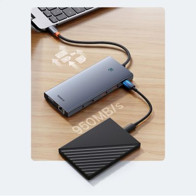 10. HUB Baseus PortalJoy Series 13in1 USB-C – 2x HDMI / DP / VGA / USB-A 3.1 / USB-C 3.1 / USB-A 2.0 / PD / RJ45 / SD / TF / AUX – grau