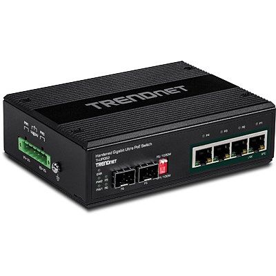 3. TRENDnet TI-UPG62 Switch – Unmanaged – 4 x 10/100/1000 (PoE+) + 2 x Gigabit SFP – DIN-Schienen- und Wandmontage möglich – PoE+ (240 W) – DC