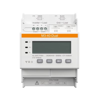SOLAX // Das Messgerät M3-40-Dual enthält zwei Sätze NCTK-16 100A/40mA Stromwandler. Es ermöglicht die Messung an zwei Punkten mit einem einzigen Messgerät.