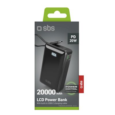 2. Powerbank SBS 20000 mAh 20W mit integriertem USB-C-Kabel und Digitalanzeige - schwarz