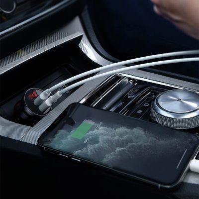 9. Baseus Autoladegerät 2x USB 4,8A 24W mit LCD + 3ins1 Kabel USB - USB Typ C / micro USB / Lightning schwarz (TZCCBX-0G)