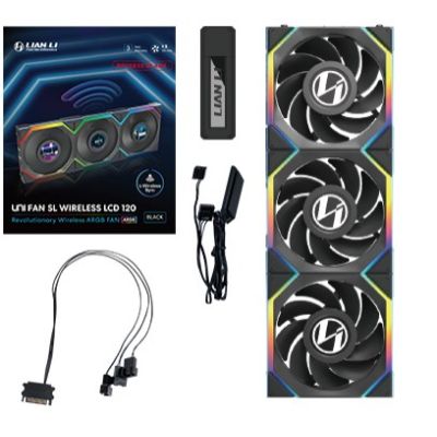 Lian Li UNI FAN SL Kabelloser LCD 120 Gehäuselüfter mit umgekehrtem Rotorblatt, 12 cm, Schwarz, 3 Stück.