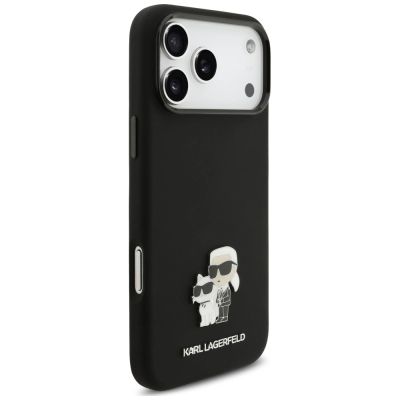 4. Karl Lagerfeld Silicone Karl&Choupette Metal Pin Hülle für iPhone 18 Pro Max / 17 Pro Max – Schwarz