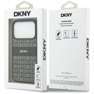 8. DKNY iPhone 17 Pro Hülle mit sich wiederholendem Texturmuster und Ton-in-Ton-Streifen – Schwarz