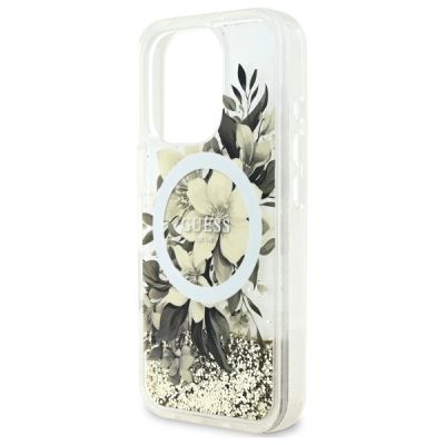 6. Guess Liquid Glitter Flower MagSafe Hülle für iPhone 16 Pro – Beige