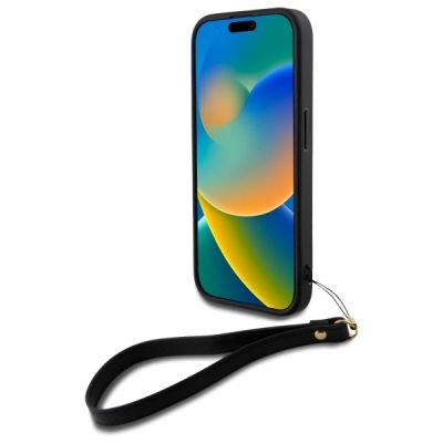 4. DKNY Wrist Strap Stock Logo Hülle für iPhone 16 – Schwarz