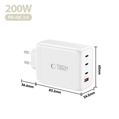 5. Tech-Protect NC200W-GaN 4-Port 200W Wandladegerät – Weiß