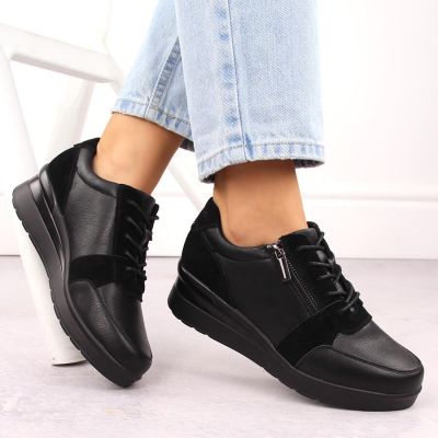 5. Sergio Leone PB236-S Damen-Sneaker aus schwarzem Leder mit Keilabsatz
