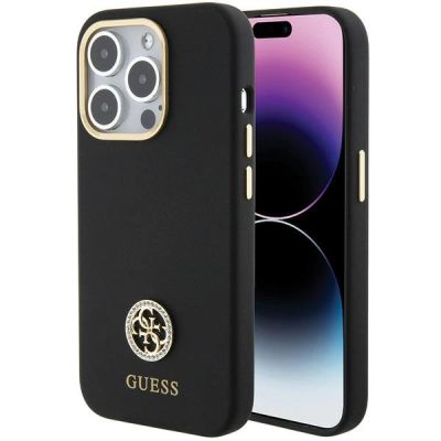 Guess Silicone Logo Strass 4G Case für iPhone 15 Pro - Schwarz