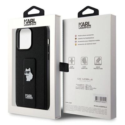 8. Karl Lagerfeld Gripstand Saffiano Choupette Pins Hülle für iPhone 13 Pro Max – Schwarz
