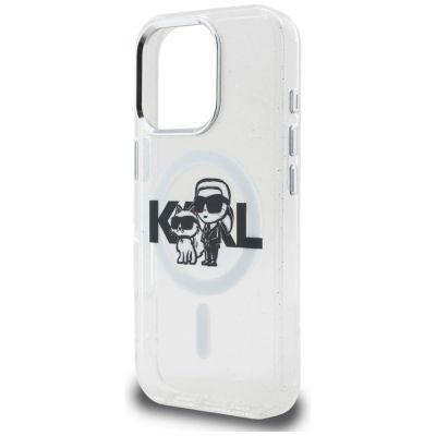 6. Karl Lagerfeld IML Glitter Karl & Choupette Sketch Logo MagSafe Hülle für iPhone 16 Pro - Transparent
