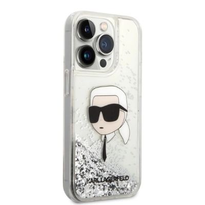 4. Karl Lagerfeld Glitter Karl's Head Hülle für iPhone 14 Pro Max – Silber