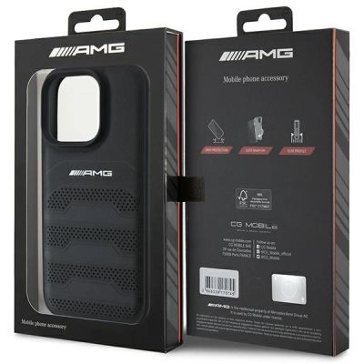8. AMG Lederhülle mit geprägten Linien und schwarzem Logo für iPhone 16 Pro Max – Schwarz