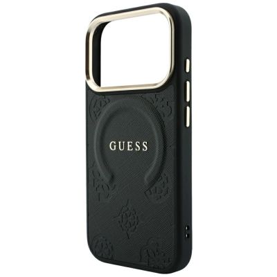 6. Guess Saffiano Peony & Ring MagSafe Hülle für iPhone 17 Pro Max / 18 Pro Max - Schwarz