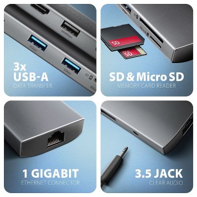 3. AXAGON HMC-8HLSA Multiport-Hub USB-C 3.2 Gen 1, 3x USB-A + 4K/60Hz HDMI + SD/microSD, Gigabit-LAN, Audio, PD 100W - Silber