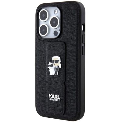 3. Karl Lagerfeld Gripstand Saffiano Karl&Choupette Pins Hülle für iPhone 15 Pro Max – Schwarz
