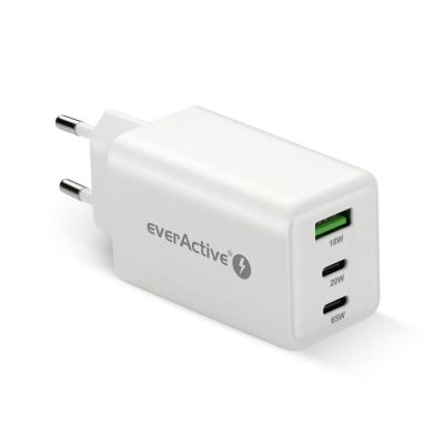 EVERACTIVE GAN Wandladegerät 1 x USB, 2 x USB-C Schnellladefunktion 4+ 65W Weiß SC-655Q