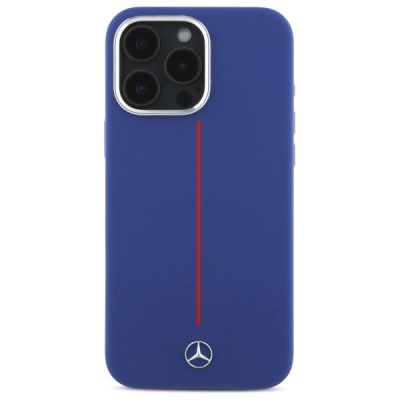 3. Mercedes Silikon Red Stripe MagSafe Hülle für iPhone 16 Pro Max – Marineblau