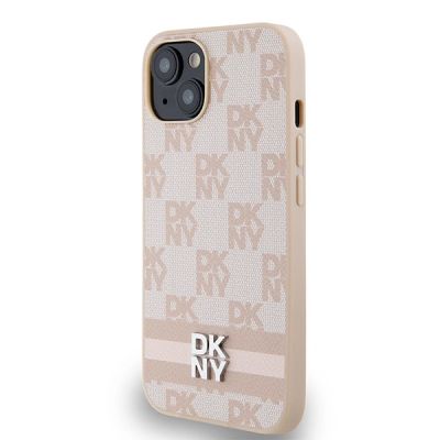 2. DKNY Lederhülle mit kariertem Monomuster und bedruckten Streifen für iPhone 15 Plus / 14 Plus – Rosa