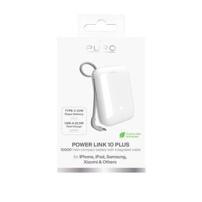 4. Puro Power Link 10 Plus 10000 mAh Powerbank mit integriertem USB-C-Kabel – Weiß