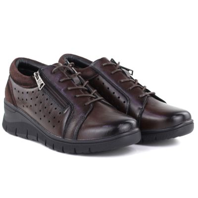 4. Damen-Keilschuhe aus Leder mit durchbrochenem Muster, braun, Vinceza 39977